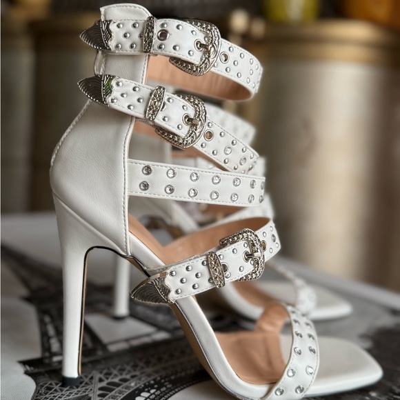 White leather western Studded Women's Sandals heels strappy sexy shoes - Picture 3 of 10